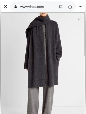 Vince Charcoal Open-Front Longline Cardigan with Scarf